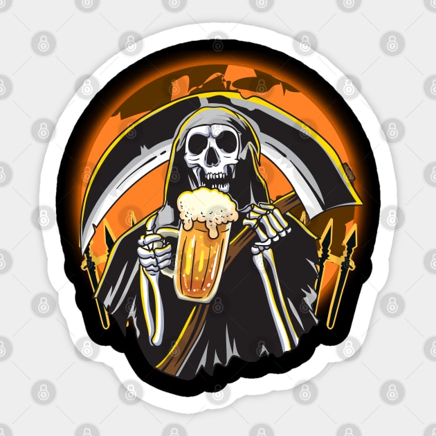 Death Riper holding a Beer Mug & Scythe Funny Halloween Sticker by creative
